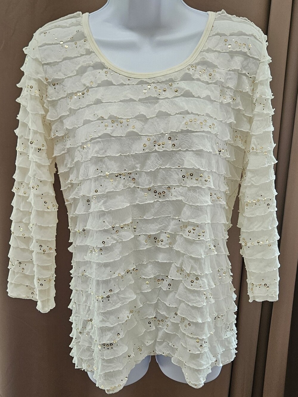 NWT Slinky Brand Sequin Layered Ruffle Top